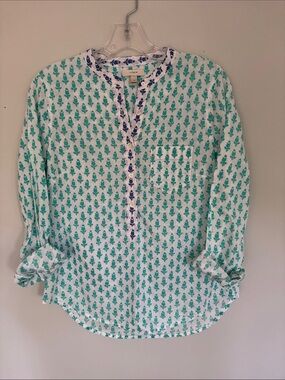 J. Crew White Tunic with Teal Floral Motif and Navy Trim